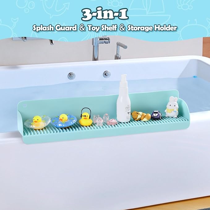 24 Inch Bathtub Splash Guard with 10 Suction Cups, Silicone Tub Water Splash Guard for Bathtub, Bath Toy Tray Holder Play Shelf for Kids, Universal for Bathroom, Kitchen Sink (Green)