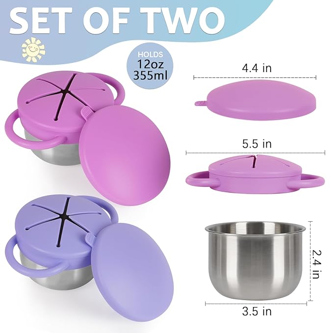 2 Pack 304 Stainless Steel Snack Cups for Toddlers, Toddler Snack Containers with Spill-Proof Silicone Travel Lid & Handle, Dishwasher Safe, Removable Snack Cup for Baby, Toddler, Kids