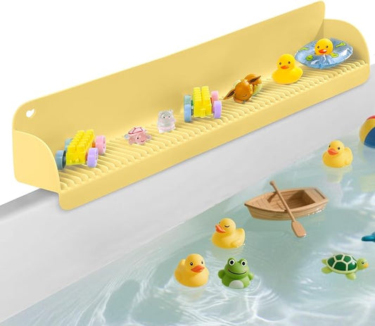 24 Inch Bathtub Splash Guard with 10 Suction Cups, Silicone Tub Water Splash Guard for Bathtub, Bath Toy Tray Holder Play Shelf for Kids, Universal for Bathroom, Kitchen Sink (Yellow)