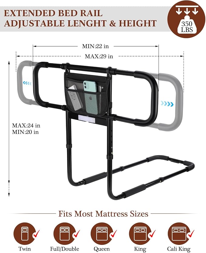 Bed Rails for Elderly Adults Safety, Extended Bed Assist Rail for Seniors with Motion Sensor Light - Adjustable Side Bed Guard Rails Handle Support Bar with Storage Bag, Fit King Queen Full Twin
