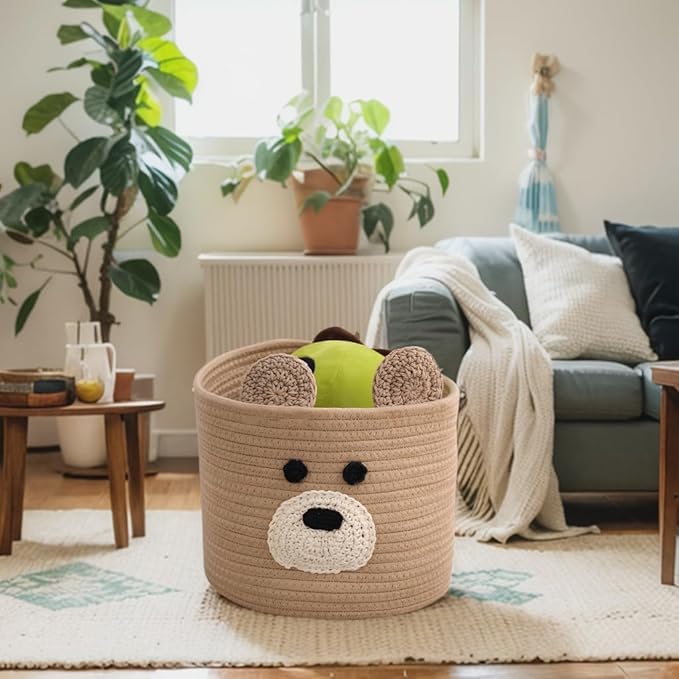 Bear Laundry Baskets Laundry Hamper Storage Baskets with Handles,Decorative Basket for Living room,Woven Storage Basket for Toys Bin Pillows Blankets Clothes (Brown)