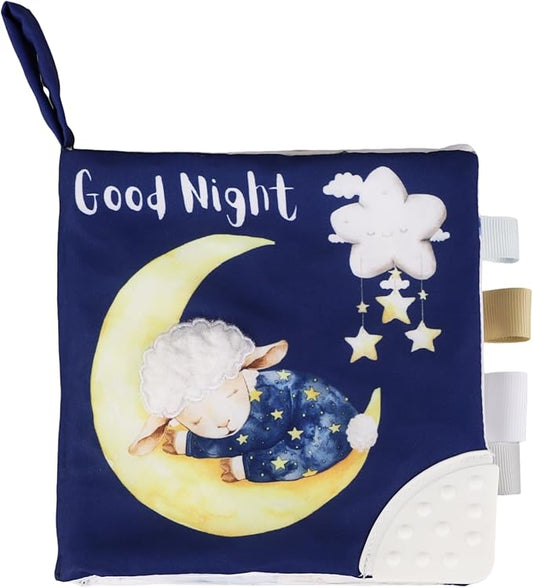 Ali+Oli Baby Cloth Book – Soft Sensory Crinkle Book with Teether for Infants 0-12 Months – Early Learning Touch & Feel Tummy Time Toy – Newborn Shower Gift for Boys & Girls - Good Night