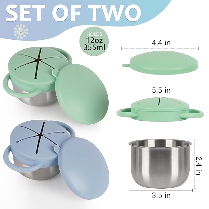 2 Pack 304 Stainless Steel Snack Cups for Toddlers, Toddler Snack Containers with Spill-Proof Silicone Travel Lid & Handle, Dishwasher Safe, Removable Snack Cup for Baby, Toddler, Kids