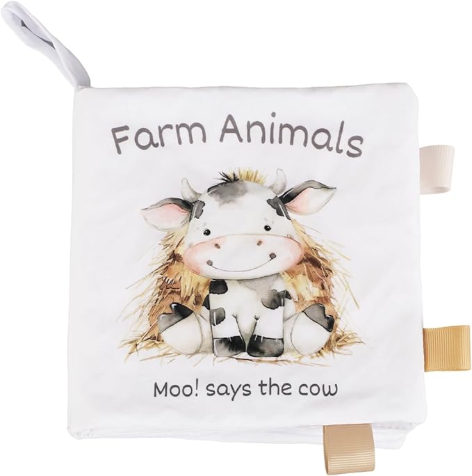 Ali+Oli Baby Cloth Book – Soft Sensory Crinkle Book for Infants 0-12 Months – Early Learning Touch & Feel Tummy Time Toy – Colorful taggies - Newborn Shower Gift - Farm Animals