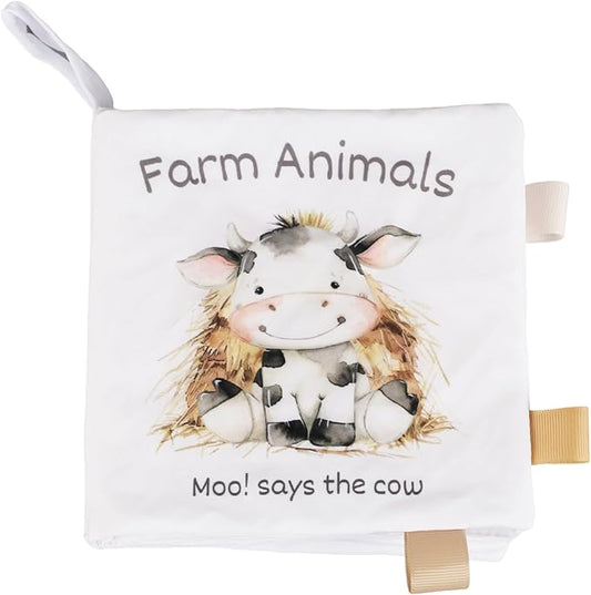 Ali+Oli Baby Cloth Book – Soft Sensory Crinkle Book for Infants 0-12 Months – Early Learning Touch & Feel Tummy Time Toy – Colorful taggies - Newborn Shower Gift - Farm Animals