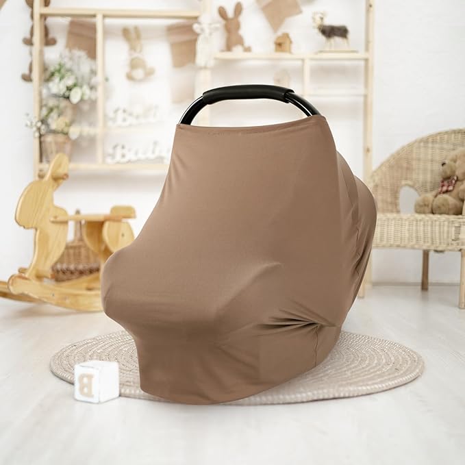 TANOFAR Car Seat Cover for Baby, Multi-Use Cover Carseat Canopy, High Stretchy & Breathable Infant Carseat Cover, Shower Gifts for Unisex Boys and Girls (Brown)