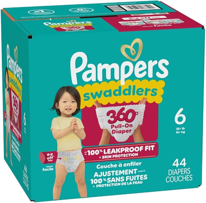 Pampers Diapers - Swaddlers 360° - Size 6, 44 Count, up to 100% Leakproof Comfy Dry Fit, Designed for Easy Changes, Pull On Baby Diaper (Packaging May Vary)