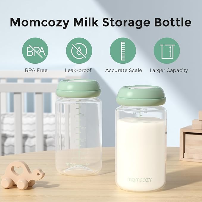 Momcozy Natural Baby Bottle, Wide-Neck, BPA Free Breast Milk Container, Storage Collection Bottle for Fridge & Milk Cooler, Breastfeeding Essential, 10 oz, 4 pcs
