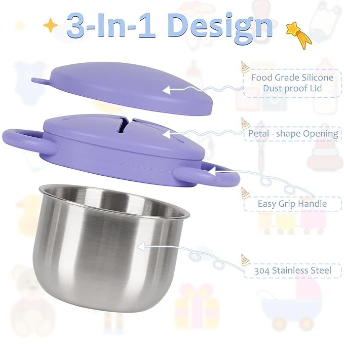 2 Pack 304 Stainless Steel Snack Cups for Toddlers, Toddler Snack Containers with Spill-Proof Silicone Travel Lid & Handle, Dishwasher Safe, Removable Snack Cup for Baby, Toddler, Kids