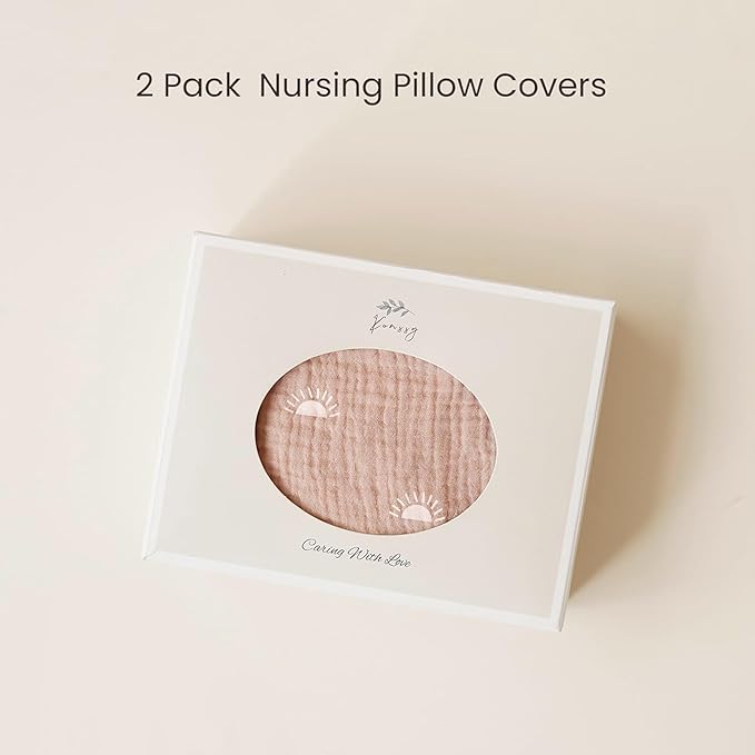 Konssy Muslin Nursing Pillow Covers, Soft and Cute Nursing Covers for Breastfeeding Pillows, Ideal for Newborn Baby Boys and Girls (Brown Leaf, Pink Sun) - 2 Pack