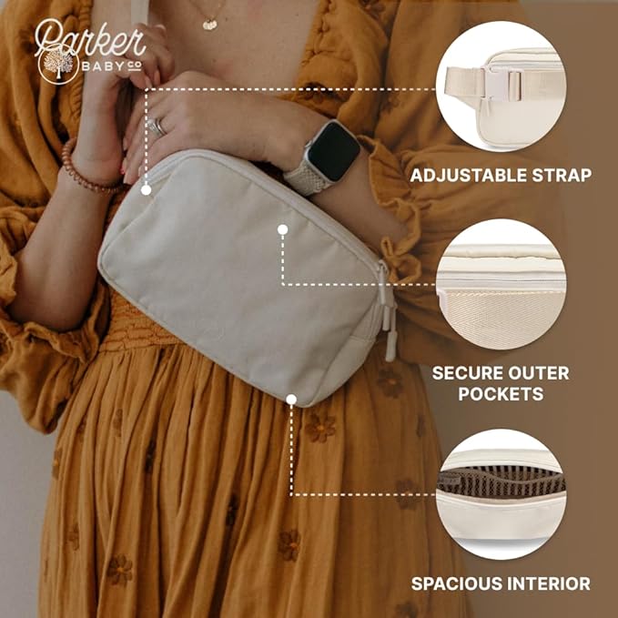Parker Baby Diaper Belt Bag - Portable Fanny Pack Diaper Bag, Crossbody Bag for Moms - "Birch Belt Bag" - Cream
