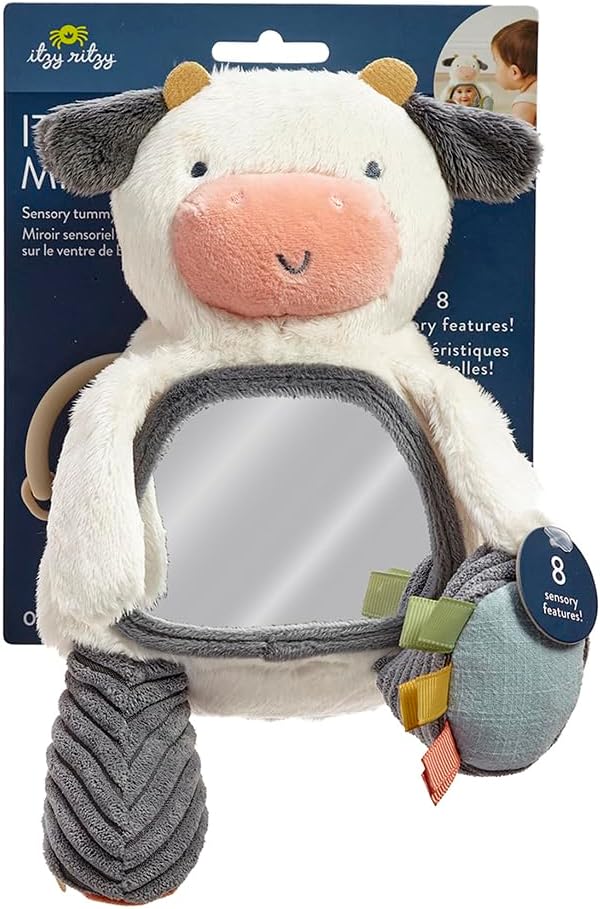 Itzy Ritzy Sensory Tummy Time Toy Mirror - Features Crinkle & Jingle Sounds, Multiple Textures and Mirror for Self-Discovery, Infant Toy for Ages 0 Months and Up, Cow