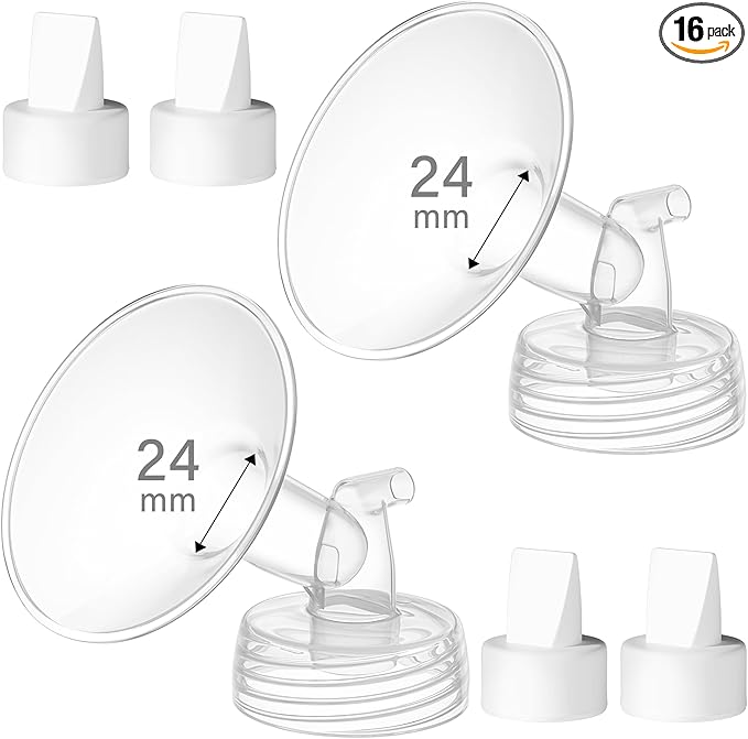 24mm Breast Pump Flanges, Duckbill Valves, Compatible with Spectra S1/S2/9Plus/Synergy Gold, Motif Luna, Wide-Mouth Bottle Fit, Breast Pump Accessories