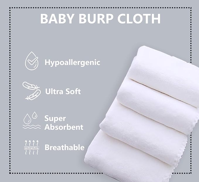 8 Pack Large Burp Cloths for Baby - 20" by 10" Ultra Absorbent Burping Cloth, Baby Washcloths, Newborn Towel - Milk Spit Up Rags - Burpy for Unisex, Boy, Girl - Burp Cloths Set(White)