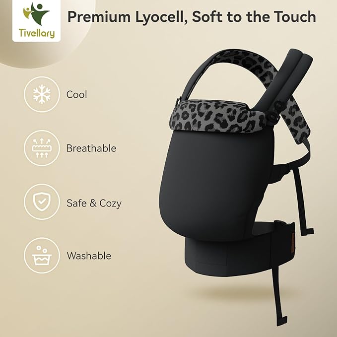 Reversible Baby Carrier – Black Solid & Leopard Print; Lightweight, Cooling & Breathable Lyocell Fabric; Ergonomic Lumbar Support and Quick Hands-Free Wear for Newborn to Toddler (7–44 lbs)