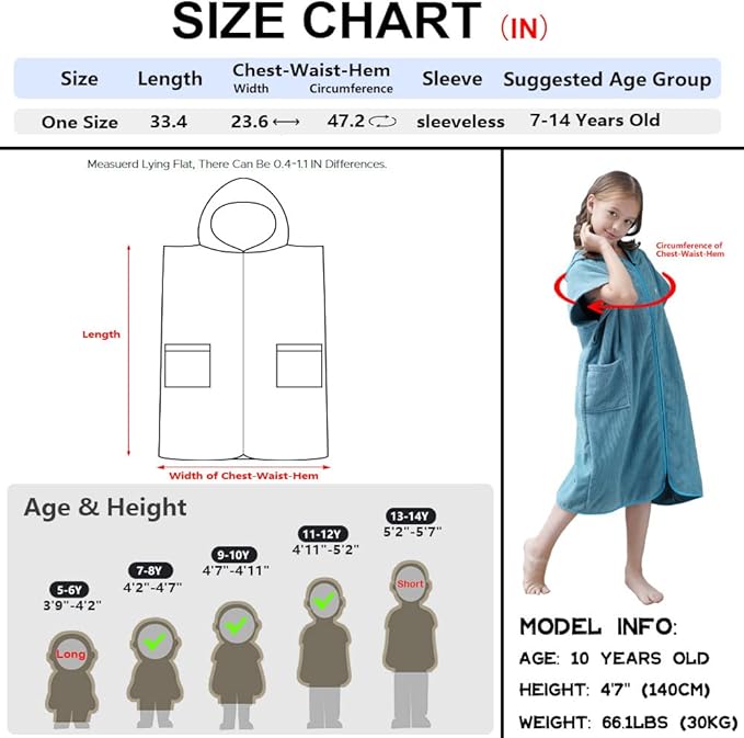 Hiturbo Kids Bath Towel Hoodie: Absorbent Quick Dry Zipper Surf Poncho - Changing Towels Swimming Outerwear (Blue)