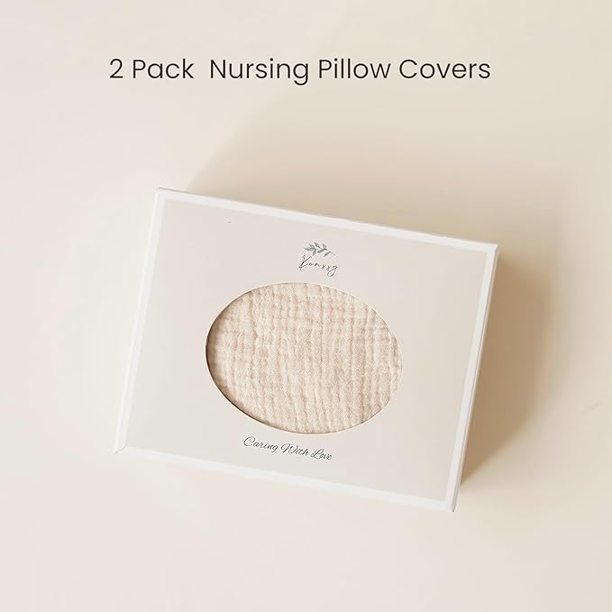 Konssy Muslin Nursing Pillow Covers, Soft and Cute Nursing Covers for Breastfeeding Pillows, Ideal for Newborn Baby Boys and Girls (Blue, Cream) - 2 Pack