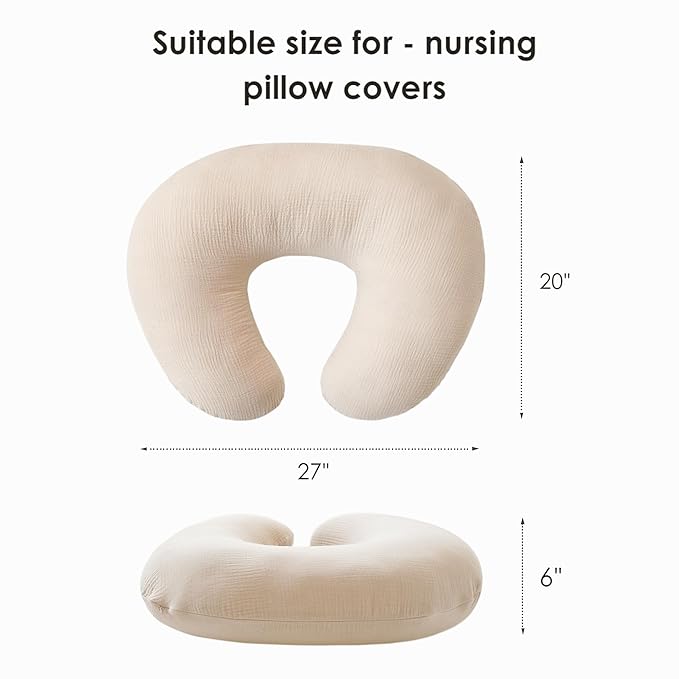 2-Pack Muslin Nursing Pillow Covers, Breathable 100% Cotton Breastfeeding Pillow Slipcovers for Standard Nursing Pillows, Soft Covers for Baby Girls and Boys with Zipper