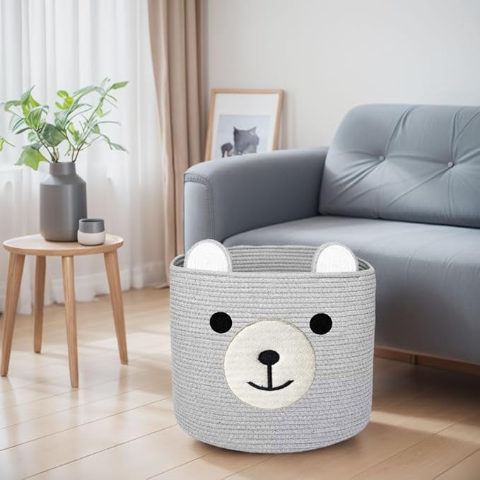 Bear Laundry Baskets Laundry Hamper Storage Baskets with Handles,Decorative Basket for Living room,Woven Storage Basket for Toys Bin Pillows Blankets Clothes (Grey - Version 2)