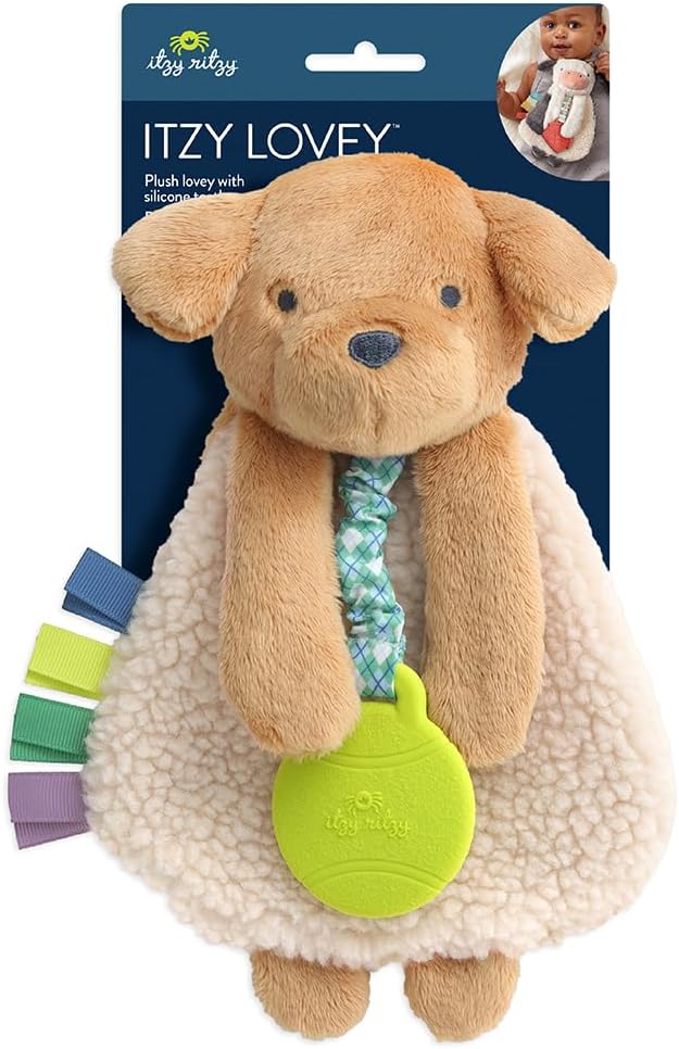 Itzy Ritzy - Itzy Lovey Including Teether - Baby Lovey with Teether, Textured Ribbons & Dangle Arms - Features Crinkle Sound, Sherpa Fabric and Minky Plush (Puppy)