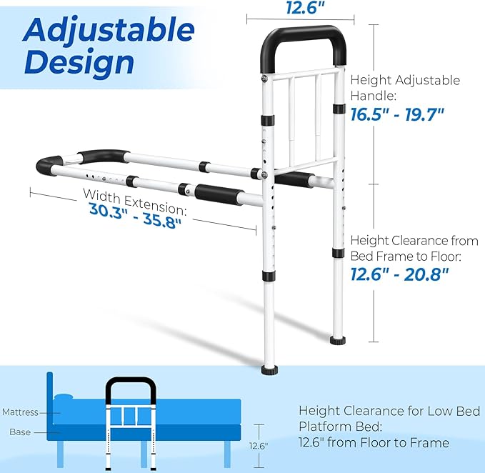 Bed Rails - ASTM Certified Adjustable Bed Cane with Motion Sensor Light, Non-Slip Ergonomic Handle & Storage Pocket, 350LBS Stable Bed Assist Rails for Seniors, Tool-Free, 2026 Upgrade
