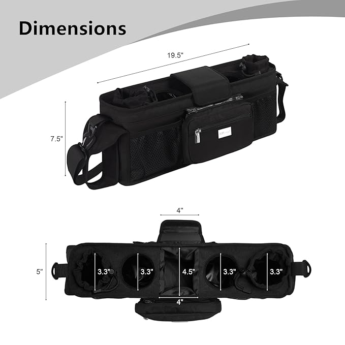 TOPDesign Universal Baby Stroller Organizer, Double Stroller Caddy with Detachable Mesh Bag & Heightened Insulated Cup Holders & Non-Slip Secure Hooks Accessories, Fits Most Strollers (Black)