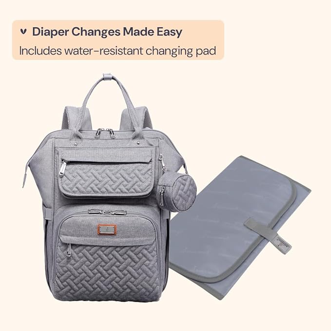 BabbleRoo Diaper Bag Backpack, Multifunction Large Bags with Changing Pad & Stroller Straps & Pacifier Case, Unisex Stylish Travel Back Pack Nappy Changing Bag for Moms Dads (gray)