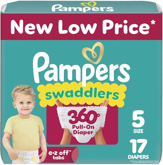 Pampers Diapers - Swaddlers 360° - Size 5, 17 Count, up to 100% Leakproof Comfy Dry Fit, Designed for Easy Changes, Pull On Baby Diaper
