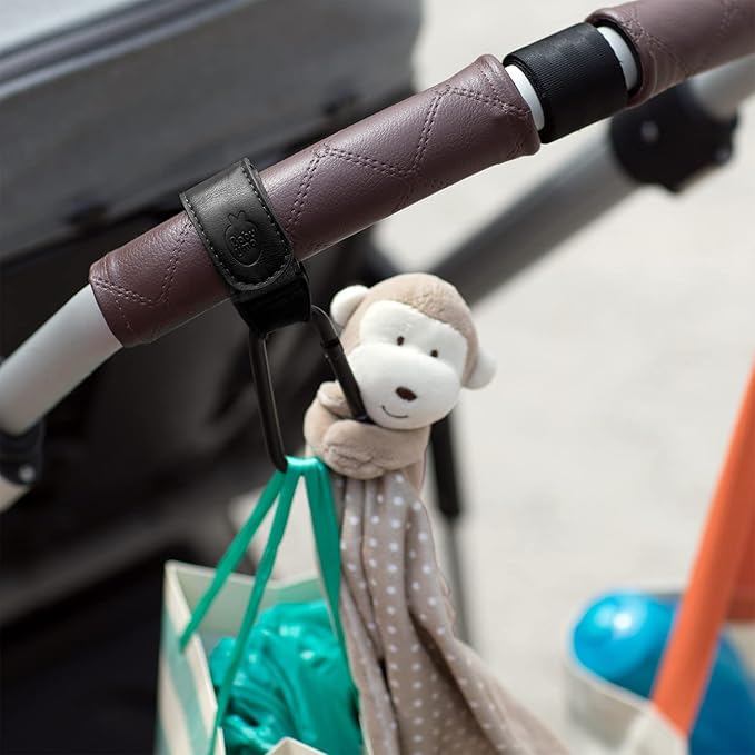 Baby Uma Stroller Hooks for Bags (2 Pack) - Faux-Leather Stroller Clips and Hooks, Universal, 11 lb Weight Capacity per Carabiner, Adjustable & Non-Slip, Baby Travel Essential (Black)