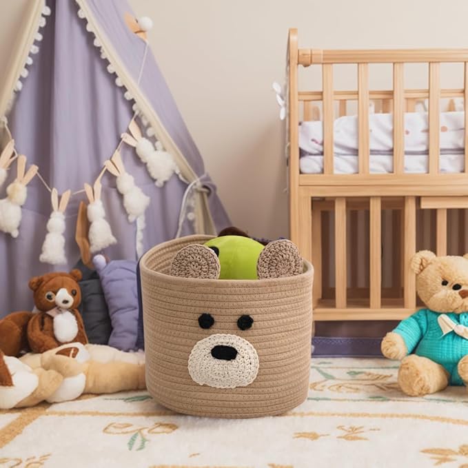 Bear Laundry Baskets Laundry Hamper Storage Baskets with Handles,Decorative Basket for Living room,Woven Storage Basket for Toys Bin Pillows Blankets Clothes (Brown)