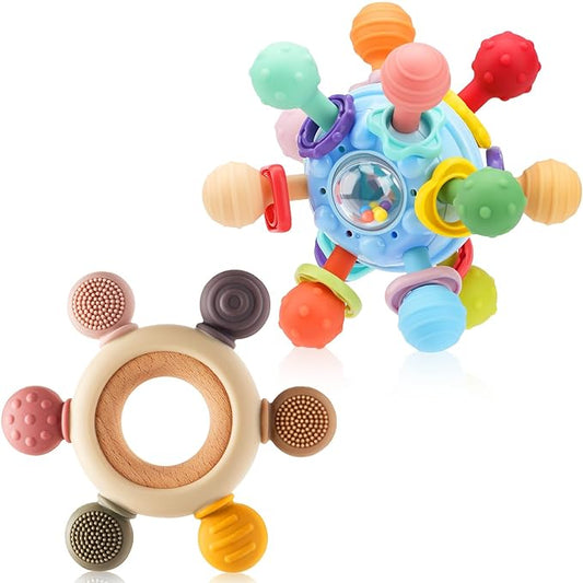 2 Pack Baby Teething Toys for 0-6 6-12 Months, BPA-Free Chew Teether Toys for Teething Pain Relief, Infant Sensory Rattles Toys, Gifts for Newborn Boys Girls 0 3 6 9 12 18 Months