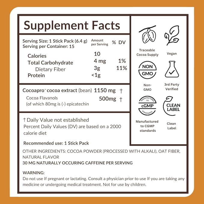 CocoaVia Cardio Health Cocoa Powder, 15 Single Serve Sticks, 500mg Cocoa Flavanols, Support Heart Health, Boost Nitric Oxide, Improve Circulation, Energy, Preworkout, Travel-Friendly, Vegan, Cacao