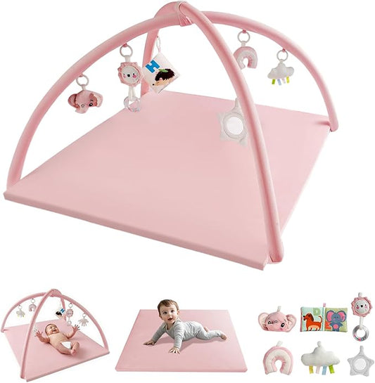 Baby Play Gym with Soft Foam Mat – Removable & Machine Washable Cover, Velvet Tummy Time Mat with 6 Sensory Toys, Non-Slip Activity Mat for Infant Development, Newborn Essentials Gift, Pink