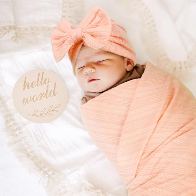 Newborn Receiving Blanket with Bow Hat Mittens Wooden Card Set Wheat-Pattern Newborns Toddler Baby Boy Girl Nursery Swaddle Wrap