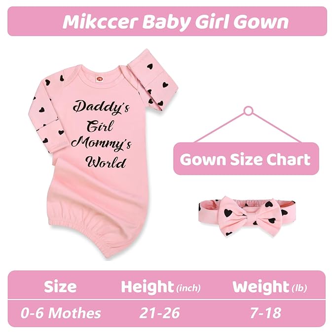 Newborn Baby Girl Gown 0-6 Months, Baby Girl Nightgowns, Babies Girls Gift, Little Sister Newborn Outfit and Coming Home Outfits with Headband Set Pink