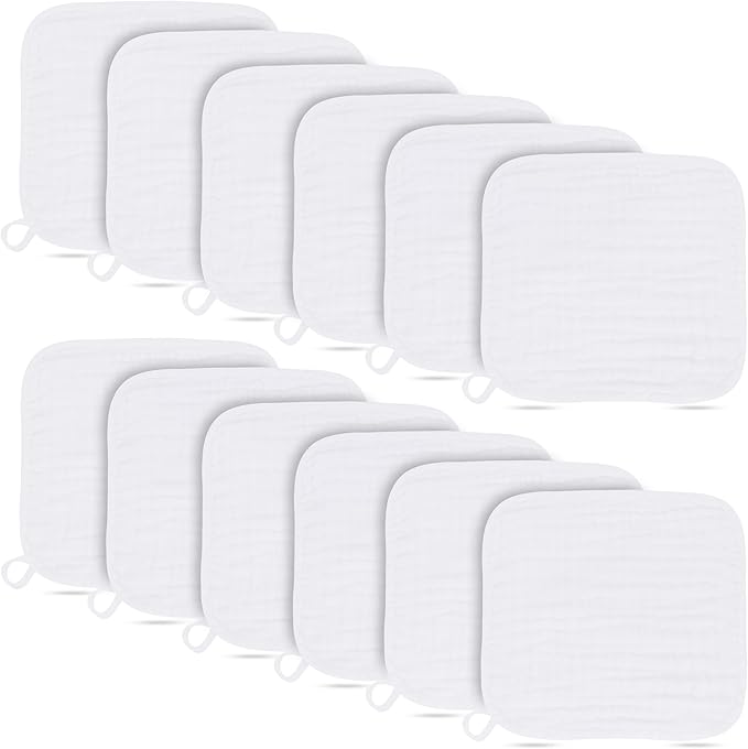 Baby Washcloths -100% Cotton Muslin Soft Baby Bath Wash Cloths and Absorbent Baby Wipes for Newborns Kids Girls and Boys - 12 Pack, 12x12 Inches - White