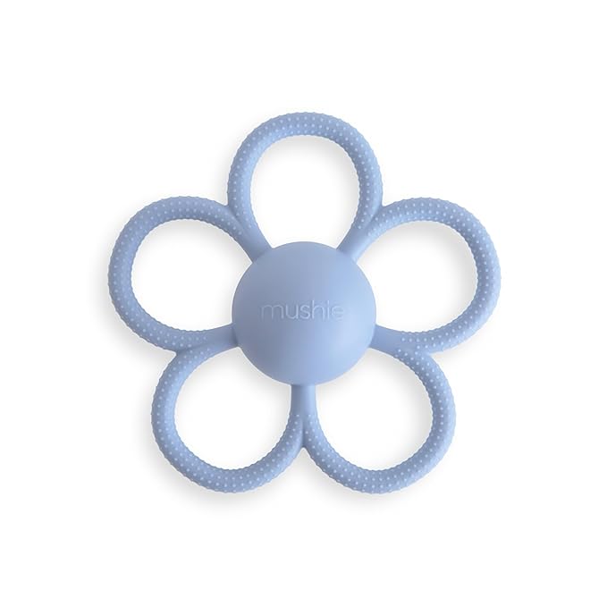mushie Silicone Baby Daisy Rattle Teether Toy (Faded Denim)