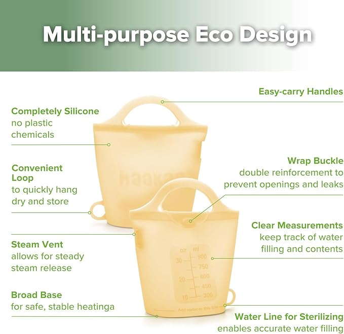 Haakaa Silicone Travel Microwave Steamer & Steriliser Bag, 30oz/900mlReusable Silicone Steaming Bags for Baby Small Items, Pacifiers, Teethers or Baby Cups, Great for Home and On-The-Go,Pineapple/1PC