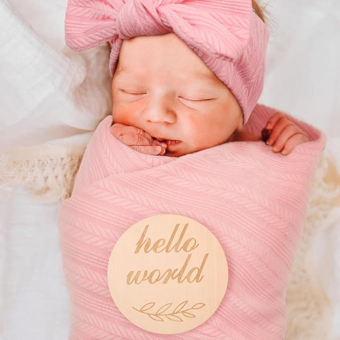 Newborn Receiving Blanket with Bow Hat Headband Wooden Card Set Wheat-Pattern Newborns Toddler Baby Boy Girl Nursery Swaddle Wrap