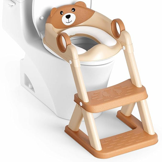 Potty Training Seat, Upgrade Toddler Toilet Seat for Kids Boys Girls, 2 in 1 Potty Training Toilet for Kids, Splash Guard Anti-Slip Pad Step Stool(Brown)