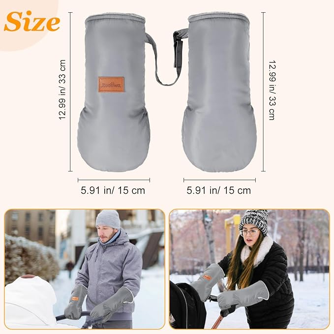Zooawa Stroller Gloves, Universal Stroller Hand Muff with Warm Polar Fleece, Baby Stroller Gloves with Vel-cro Design, Waterproof and Snowproof Stroller Mittens for Stroller Accessories, Gray