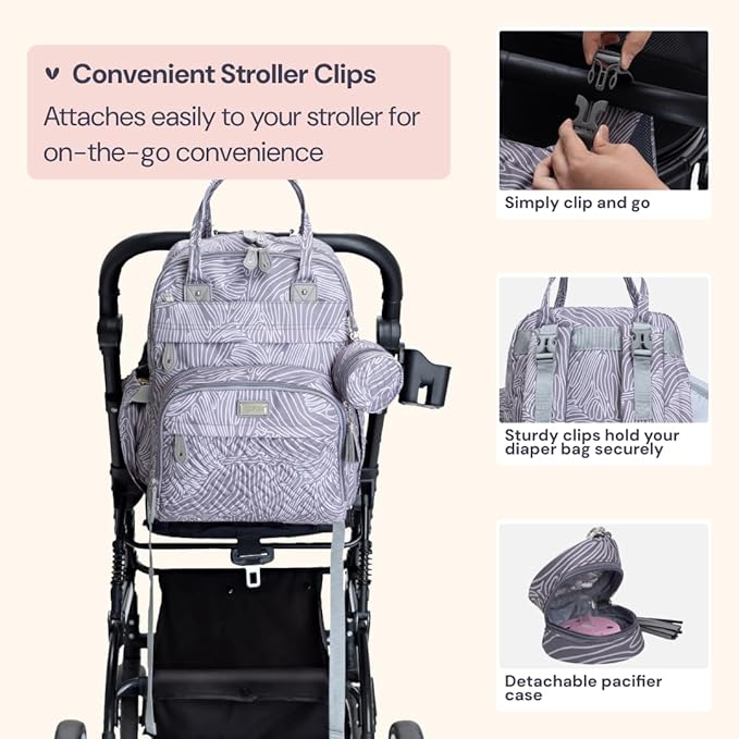 BabbleRoo Diaper Bag Backpack - Baby Essentials Travel Tote - Multi Function Water Resistant Diaper Bag, Travel Essentials Baby Bag with Changing Pad, Stroller Straps & Pacifier Case - Grey Swirls
