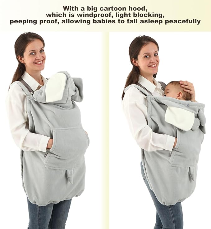 Baby Carrier Cover Stroller Cover -Newborn Hooded Stretchy Cloak Reversible,Cloak Kangaroo Hoodie Baby, Suit for All Seasons-Gray