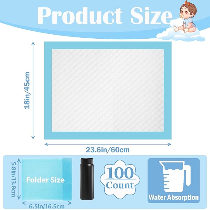 100 Pack Disposable Changing Pads,18 in x24 in Baby Disposable Underpads,Absorbent Incontinence Pee Pad,Waterproof,Leak Proof Underpad Mat for Elderly,Adults,Kids,Baby Protection