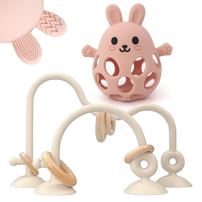 Baby High Chair Suction Toys Teething Chew - Baby Teething Toys Silicone Teethers, Table Toys, Food Grade Silicon for 6 12 18 Months (Beige Pink)