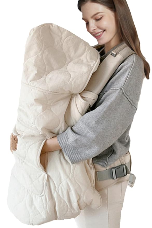 Winter Baby Carrier Cover Stroller Cover -Warm Thicker Hooded Stretchy Cloak Hooded Reversible, Cloak Kangaroo Hoodie for Mom Baby, Suit for All Seasons-Beige