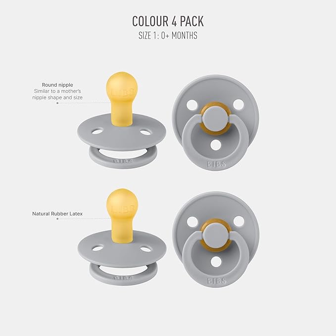 BIBS Colour Soother 4-Pack | BPA Free Dummy Pacifier | Round Nipple | Natural Rubber Latex | Made in Denmark | Size 0-6 Months | Cloud