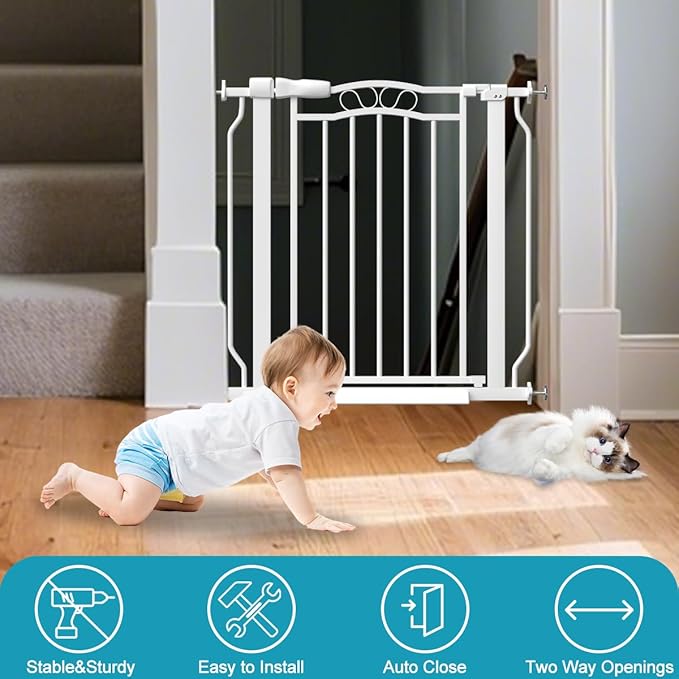 Extra Wide Dog Gate for Doorways 72-81.5 in, Walk Through Long Baby Gates for Large Openings, No Drill Child Safety Gate for Pets Kids Toddler, Doggy Barrier Indoor Metal, 30" Tall White