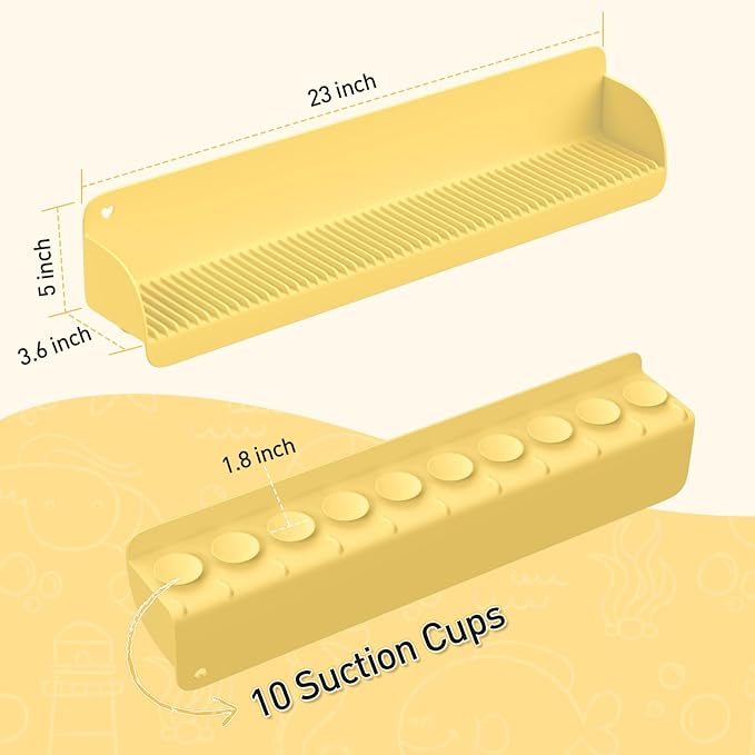 24 Inch Bathtub Splash Guard with 10 Suction Cups, Silicone Tub Water Splash Guard for Bathtub, Bath Toy Tray Holder Play Shelf for Kids, Universal for Bathroom, Kitchen Sink (Yellow)