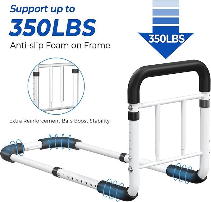 Bed Rails for Elderly Adults Safety 2026 Upgrade - ASTM Compliant Adjustable Bed Cane with Non-Slip Ergonomic Handle & Storage Pocket, Bed Railings for Seniors Support 350 LBS, Tool-Free